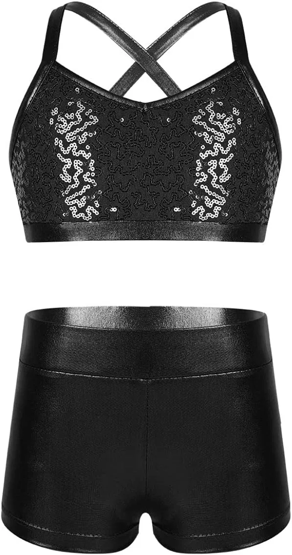Детский спортивный комплект с пайетками YEAHDOR, топ и шорты, Black