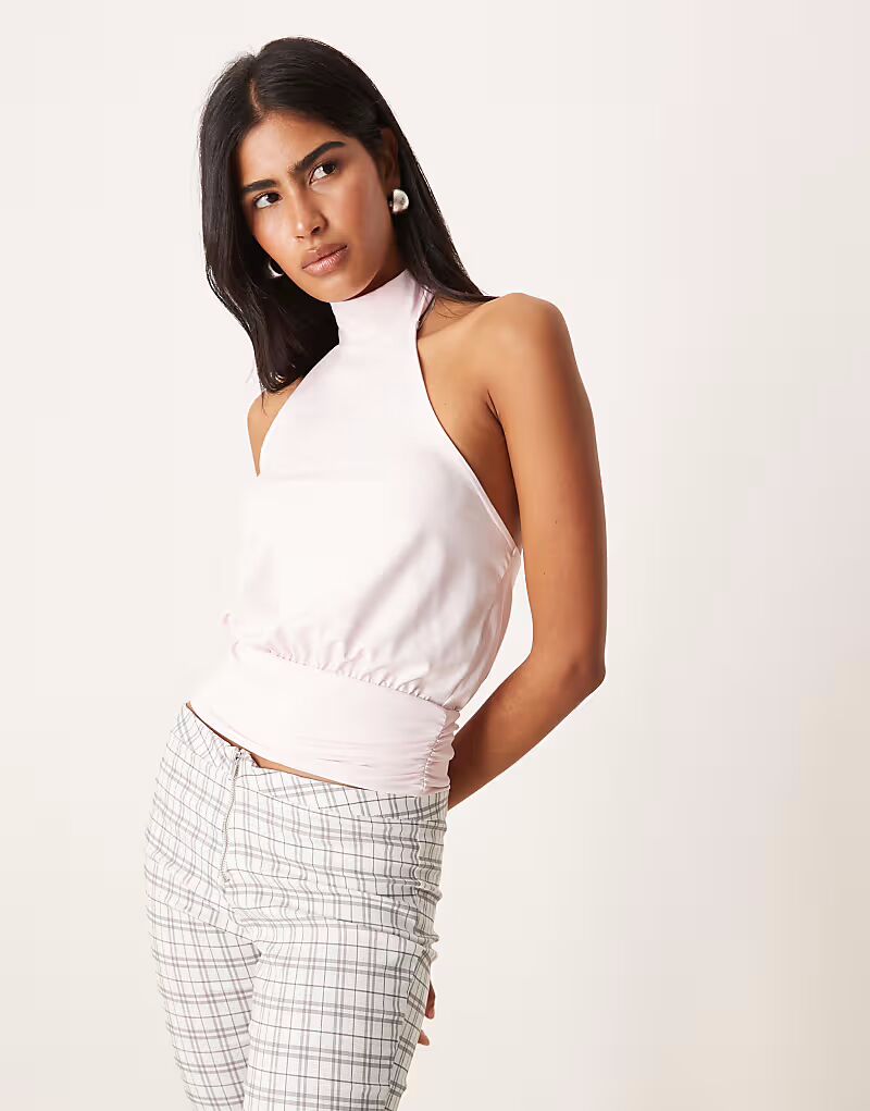 

Топ ASOS DESIGN с высоким воротом и поясом-резинкой пастельно-розового цвета