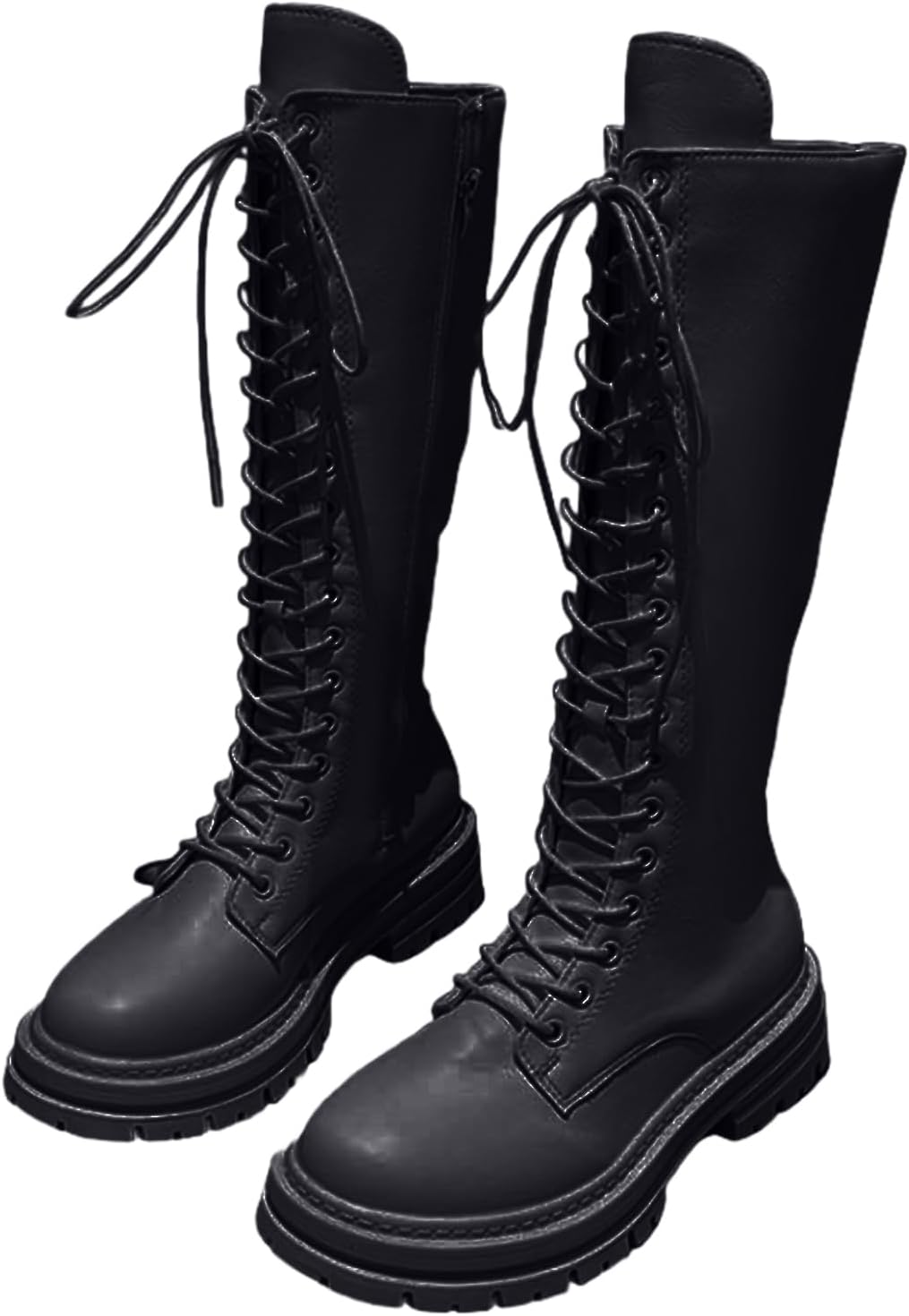 

Женские высокие сапоги до колена с круглым носком, платформой, широкие по голенищу, на шнуровке, с молнией, водонепроницаемые, на осень и зиму, модные кожаные с массивным каблуком, высокие сапоги, модные сапоги для верховой езды Toumov, черный