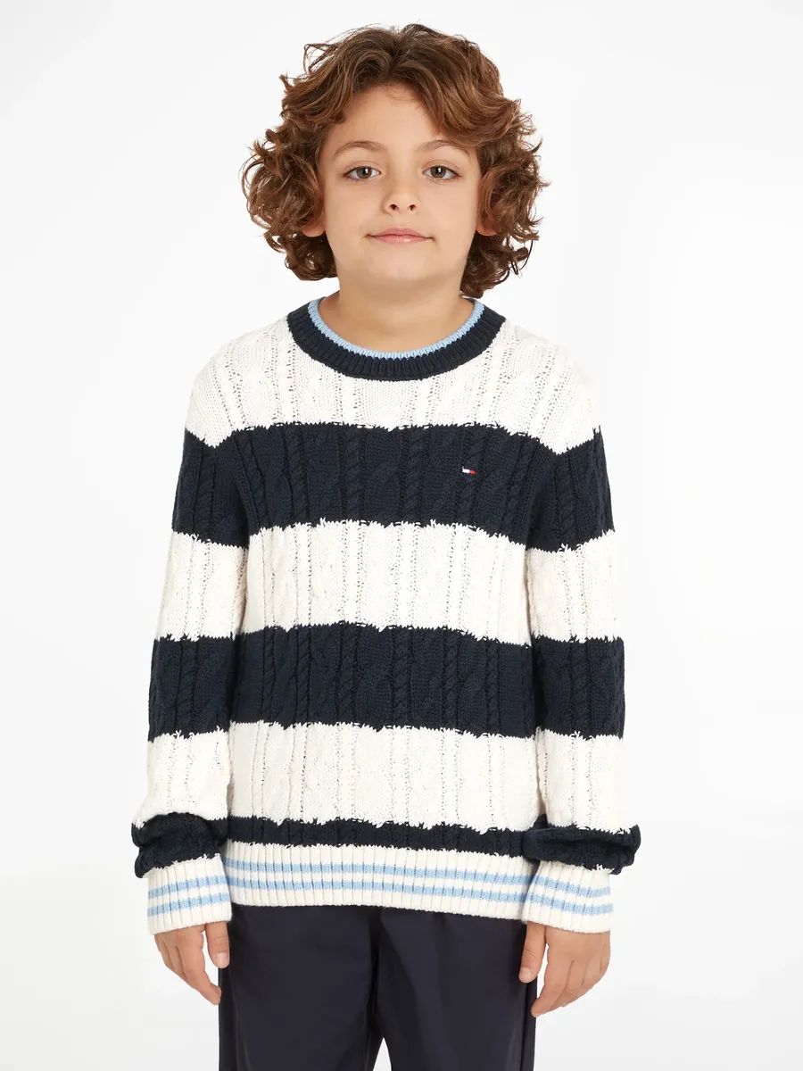 

Вязаный свитер Tommy Hilfiger "COLORBLOCK CABLE REGULAR SWEATER", детский до 16 лет, с вышивкой логотипа, цвет Desert Sky / Ancient White Stripes