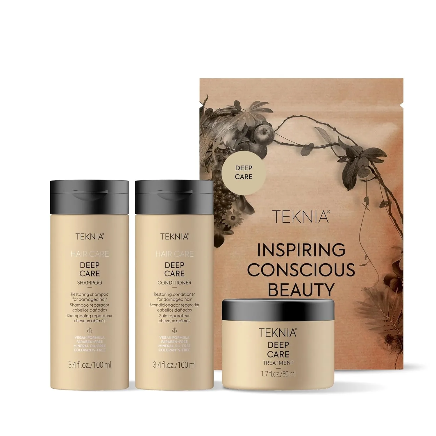 Дорожный набор Lakmé Teknia Deep Care - шампунь, кондиционер и средство для глубокого ухода объемом 3,4 унции.