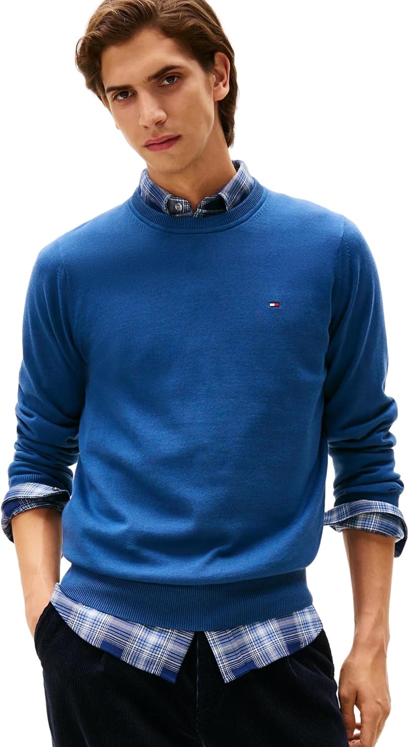 Мужской фирменный однотонный свитер с круглым вырезом TOMMY HILFIGER из коллекции 2025 года, Select Color — фото 2