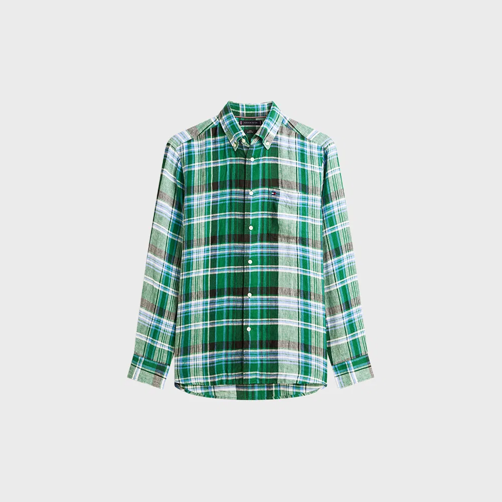 Мужская льняная рубашка в клетку мадрас Regular Fit зелёного цвета от Tommy Hilfiger