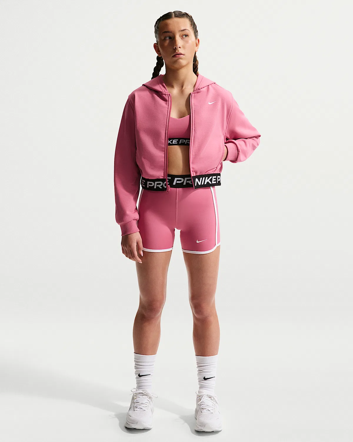 Детская (девичья) флисовая кофта Nike Pro Fleece Dri-FIT на молнии, Peony/Peony/Black/White — фото 4