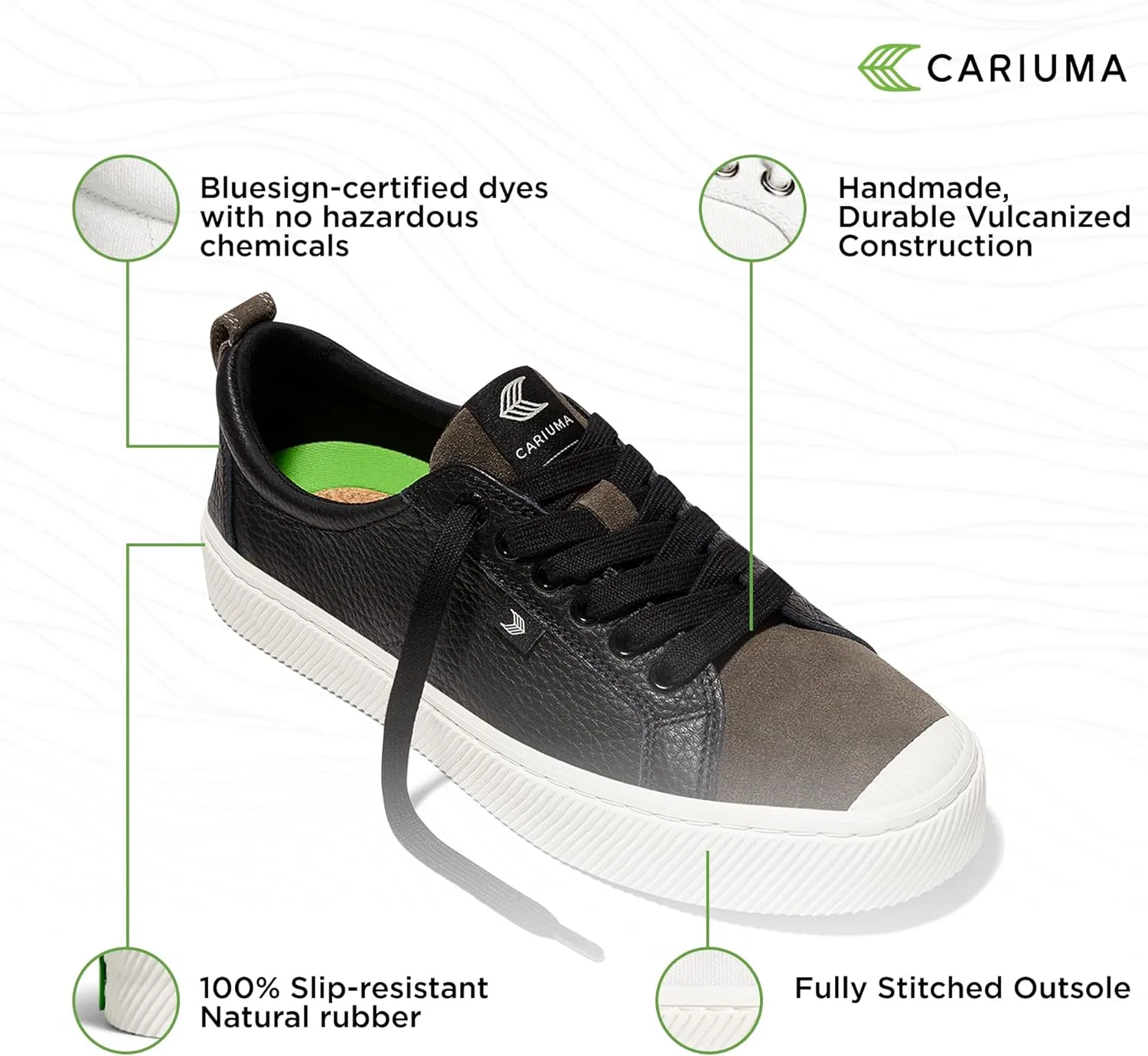 Кроссовки Cariuma OCA Low Premium из высококачественной кожи, удобная мужская обувь, легкая и экологичная, универсальная повседневная обувь со 100% веганской стелькой, резиновая подошва, Black Khaki — фото 4