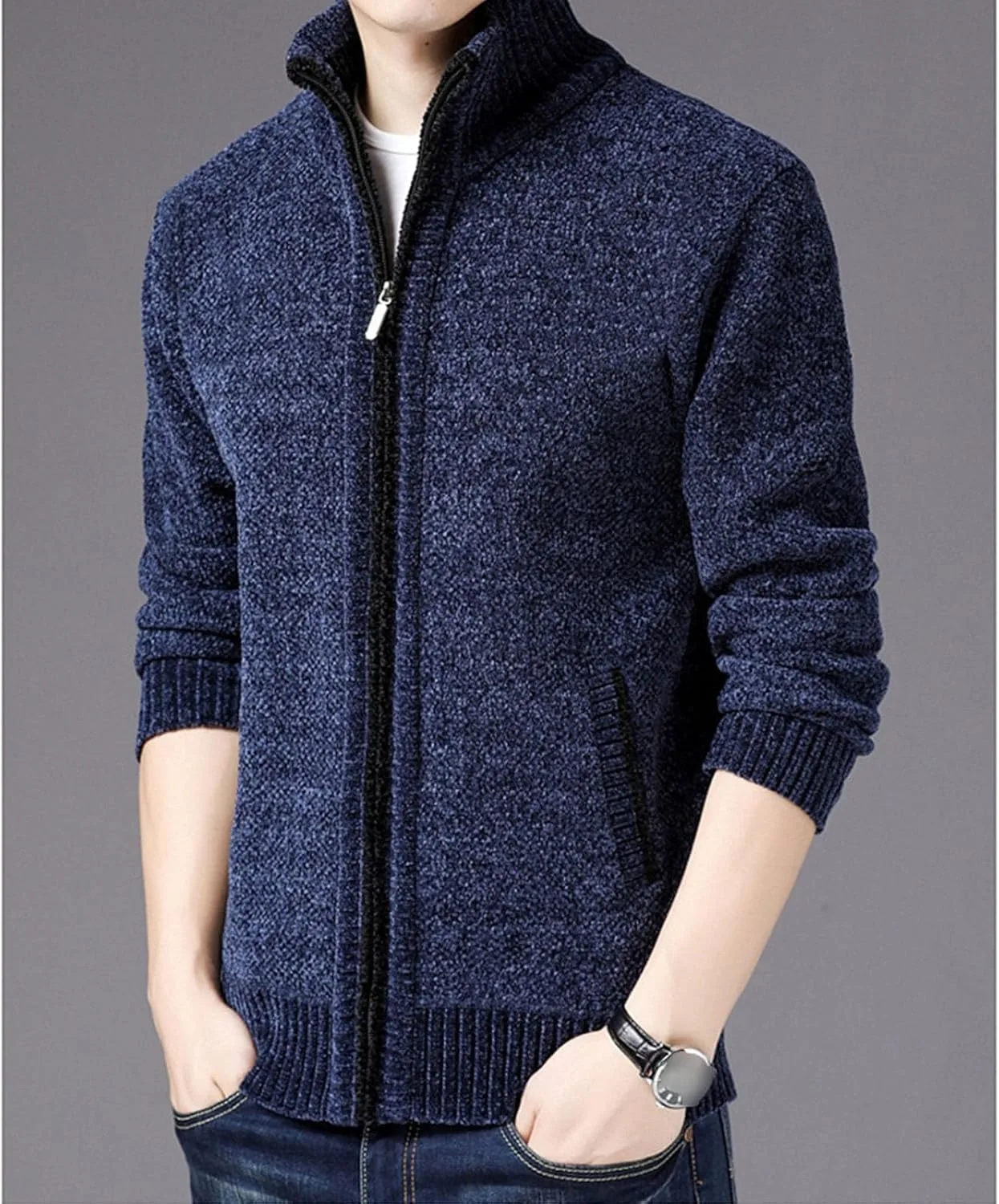 Мужской кардиган с воротником стойкой, Slim Fit, на молнии, с кабельной вязкой и карманами — фото 2