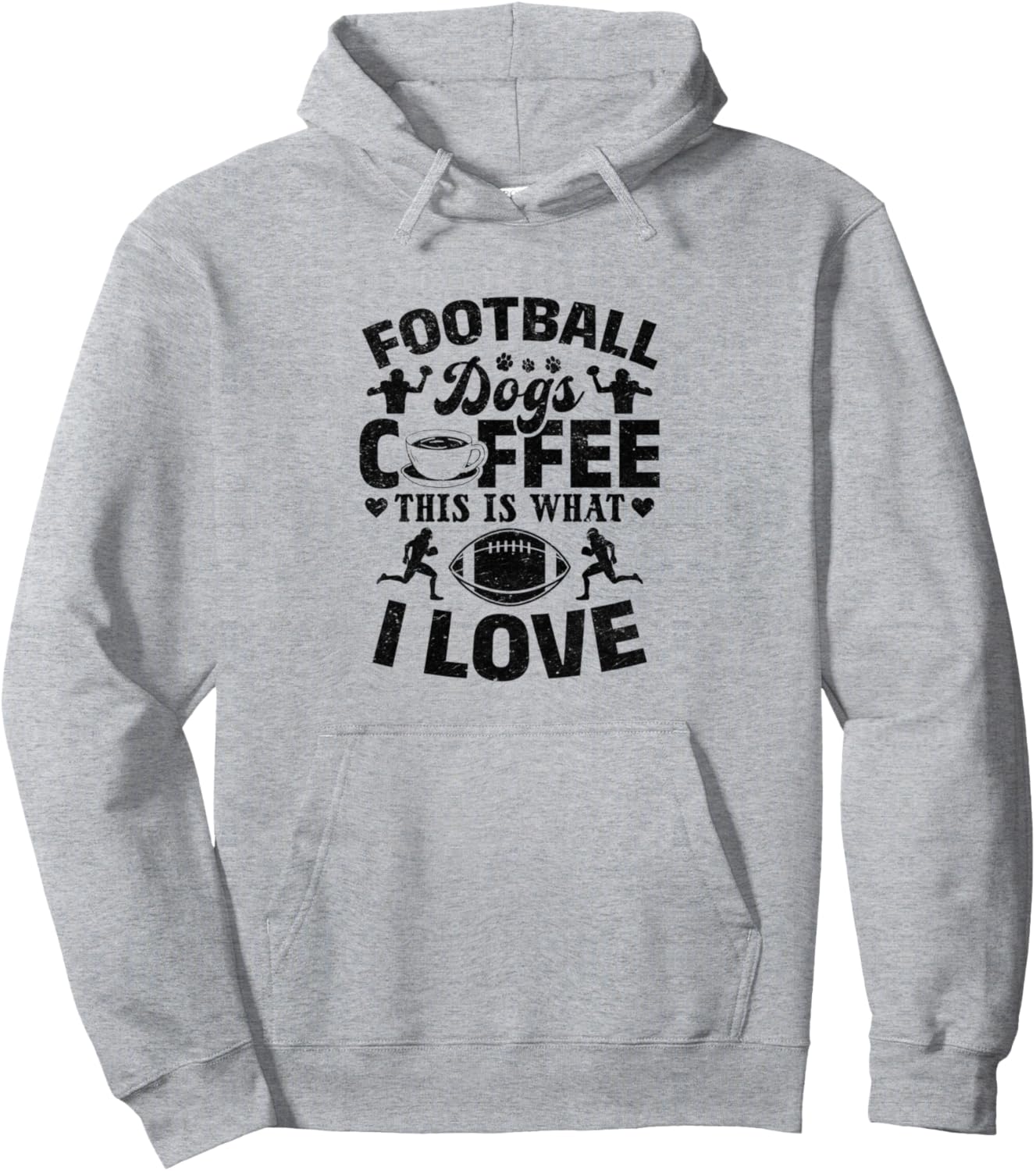 

Толстовка с надписью «Football Dogs Coffee: Вот что я люблю» - худи с изображением футболиста American Football Player & Dog Owner, серый