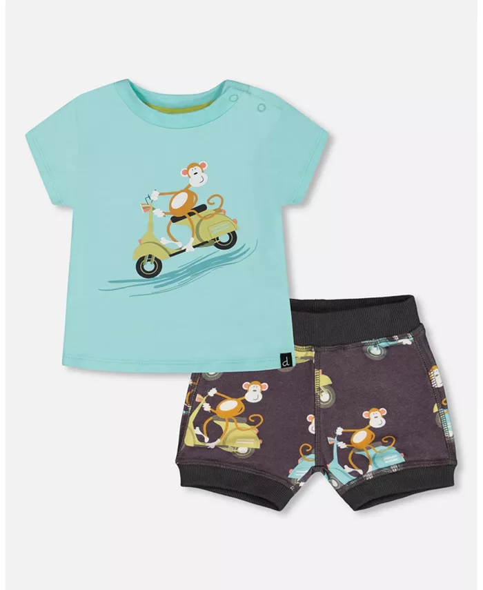 

Детский комплект для мальчиков: топ и шорты Monkey On Navy And Turquoise Moped Deux par Deux, зеленый