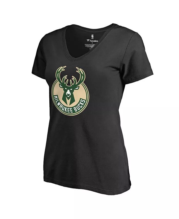 

Женская черная футболка с логотипом Milwaukee Bucks Primary и V-образным вырезом Fanatics
