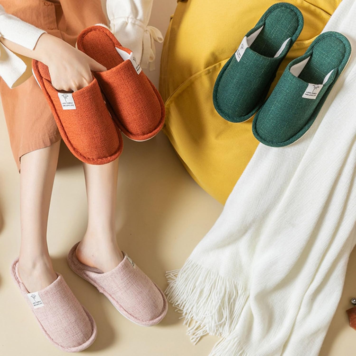 Зимние льняные тапочки Дышащие домашние нескользящие удобные для женщин и мужчин для дома и отеля Generic, серый — фото 2