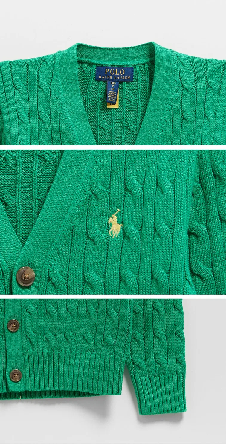 Детский хлопковый кардиган с V-образным вырезом зелёный от Polo Ralph Lauren Children — фото 4