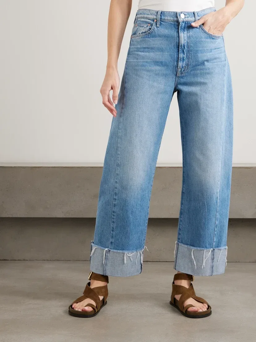 Джинсы MOTHER The Half Pipe Ankle Cuff Fray с широкими штанинами и высокой посадкой, синий — фото 3