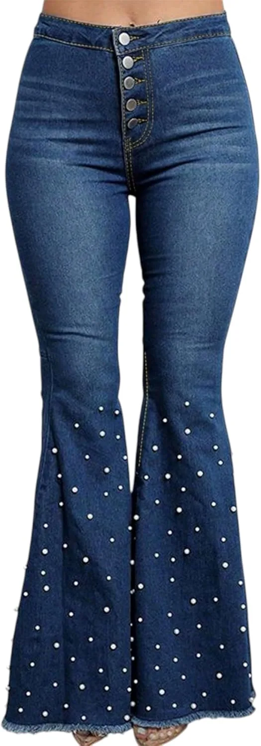 

Женские джинсы Bell Bottom с растяжкой и стразами, высокие CFNZER