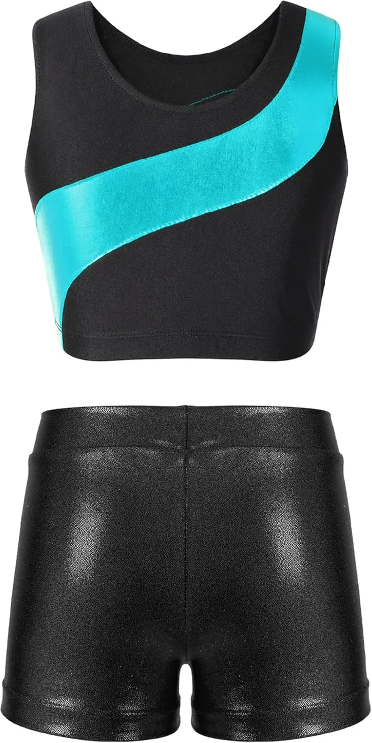 Детский спортивный комплект из топа и шорт JanJean, блестящий, Blue Green&black — фото 2