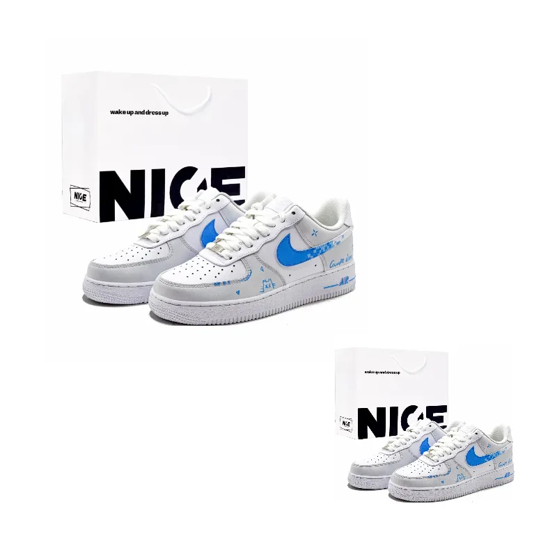 Nike Air Force 1 Cushioning, Wear Resistant Low top Skateboard Shoes Men's Blue White