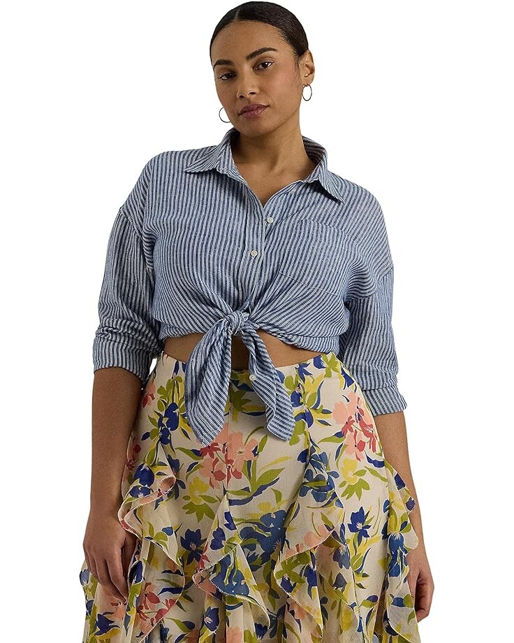 

Рубашка LAUREN Ralph Lauren Plus-Size Relaxed Fit Pinstripe Linen, цвет Blue/White