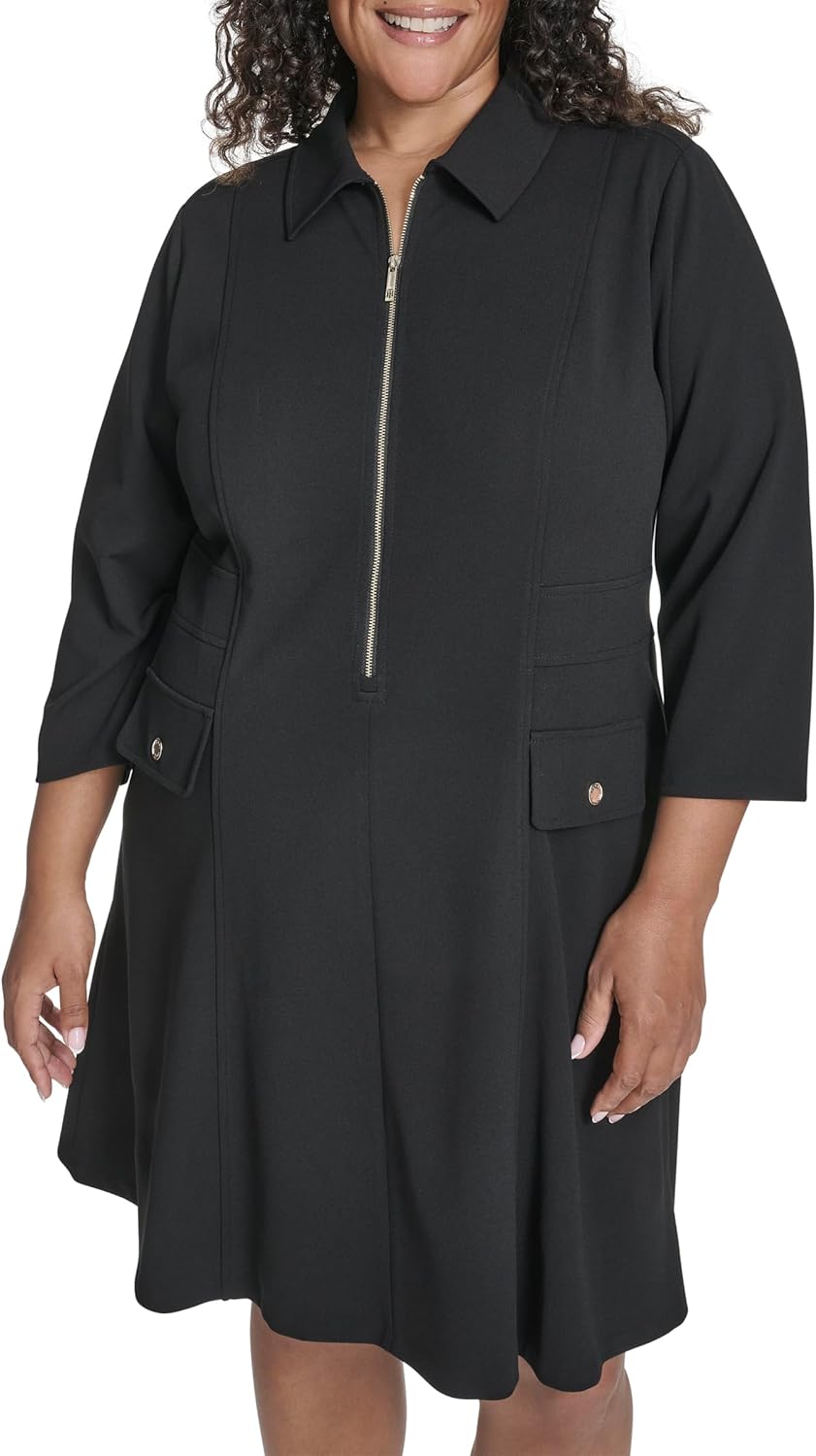 

Женское платье Tommy Hilfiger из крепа-скубы с рукавами 3/4 и воротником, облегающее и расклешенное, Black