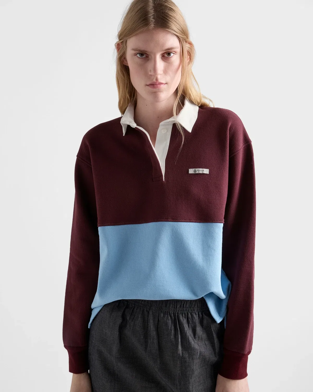 Поло с длинными рукавами из хлопкового флиса Prada, бордовый — фото 4