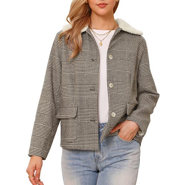 

Пиджак в клетку Houndstooth с воротником Peter Pan, длинным рукавом и застежкой на пуговицы Inspire Chic
