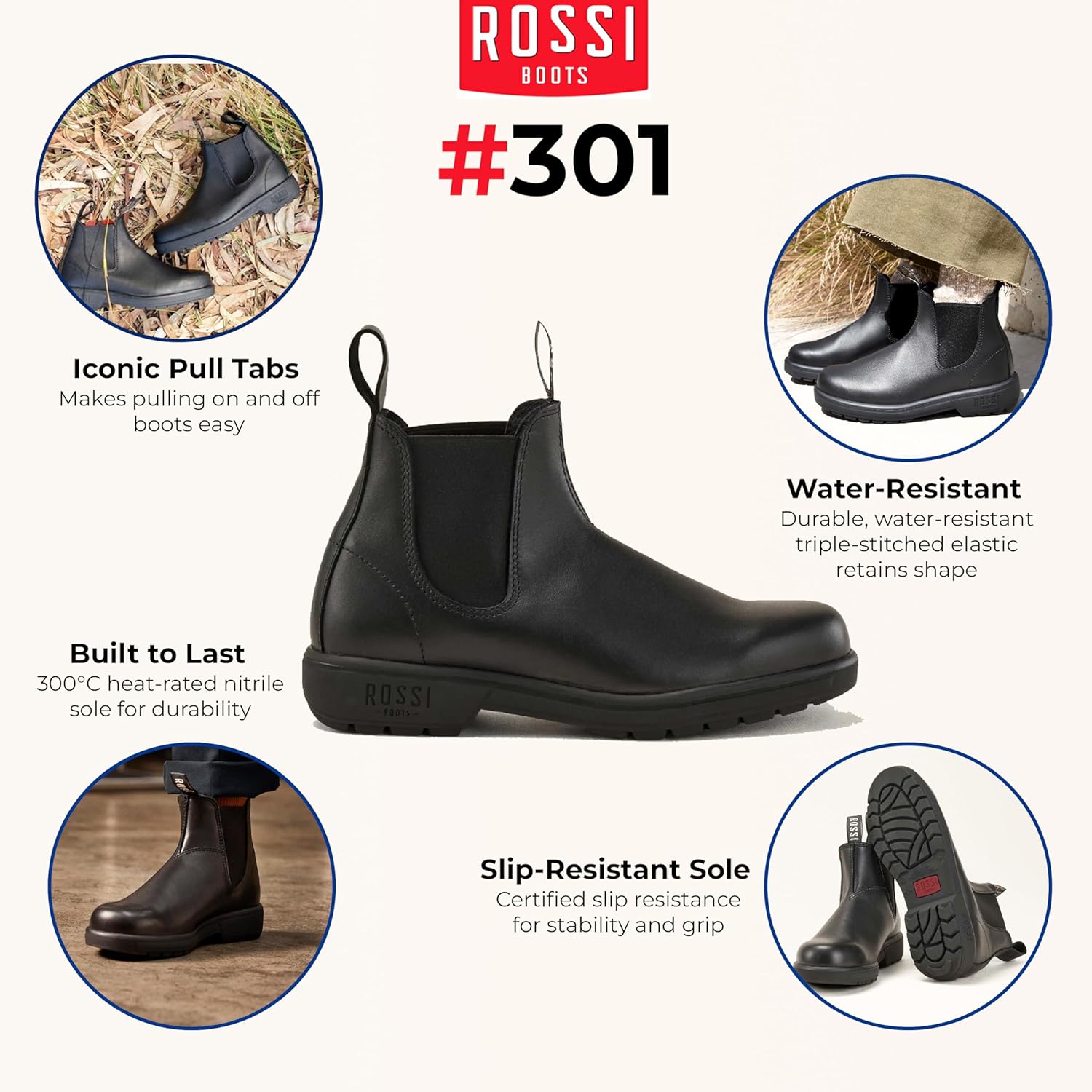 Кожаные челси Rossi Endura 303 для Австралии, унисекс, прочные ботинки до щиколотки Infinity Leather, черный — фото 2