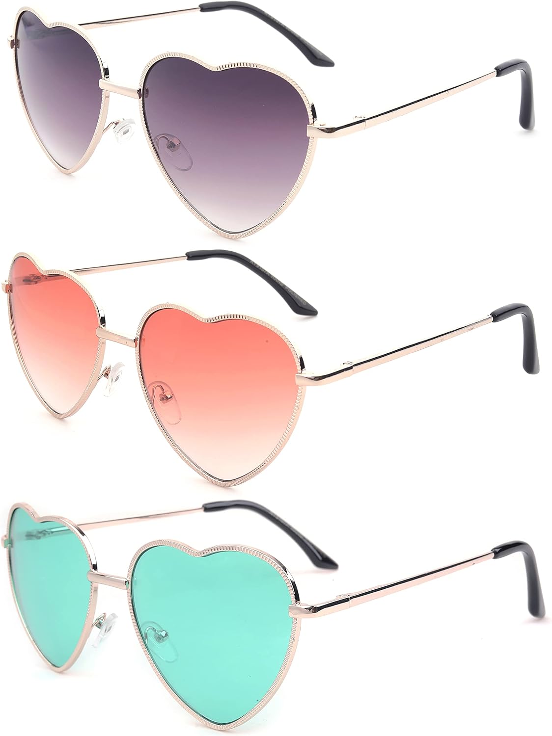 

Женские солнцезащитные очки-авиаторы в форме сердца, тонкая металлическая оправа, цветные линзы с эффектом вспышки и пружинный шарнир Newbee Fashion Sunglasses, 3 Pack Brown, Red & Blue
