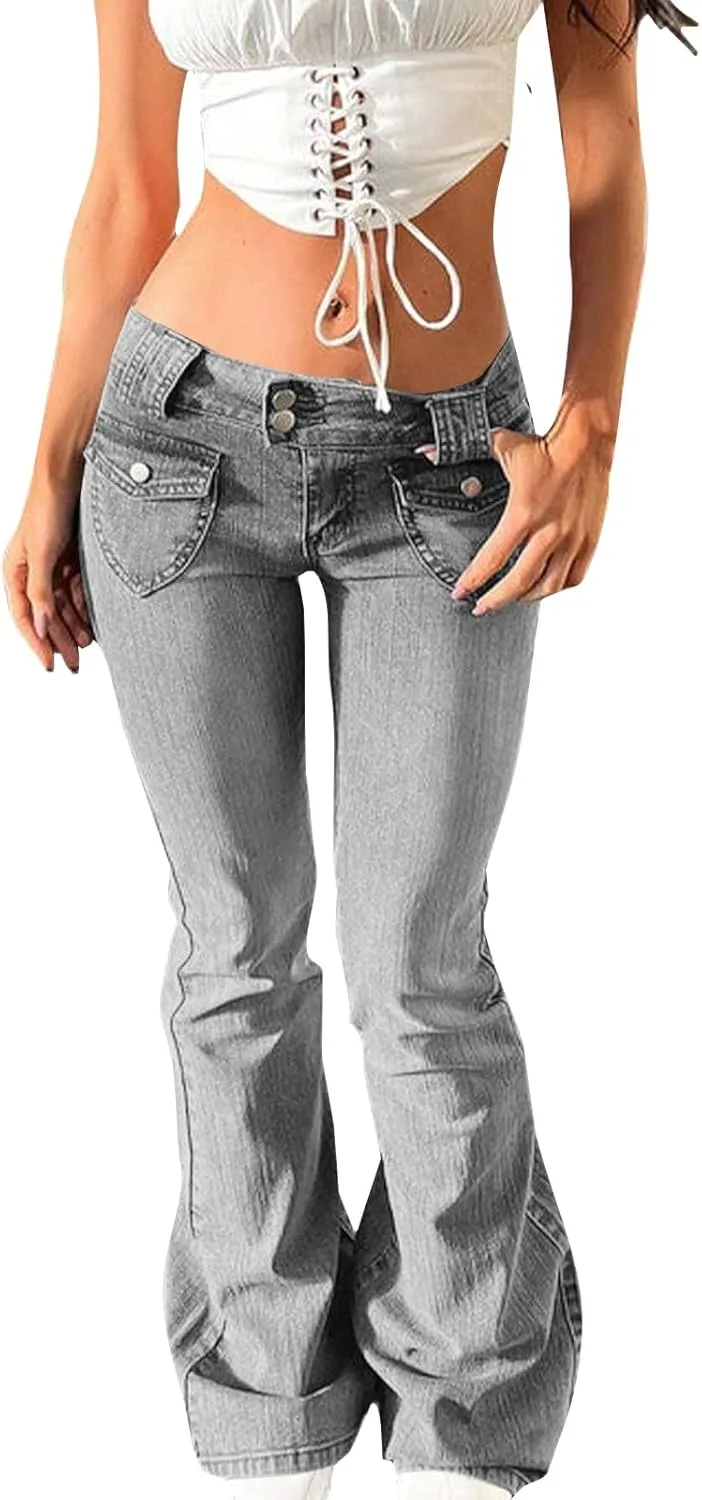 

Джинсы low rise bell bottom для женщин, stretch, soft flare, ретро washed denim