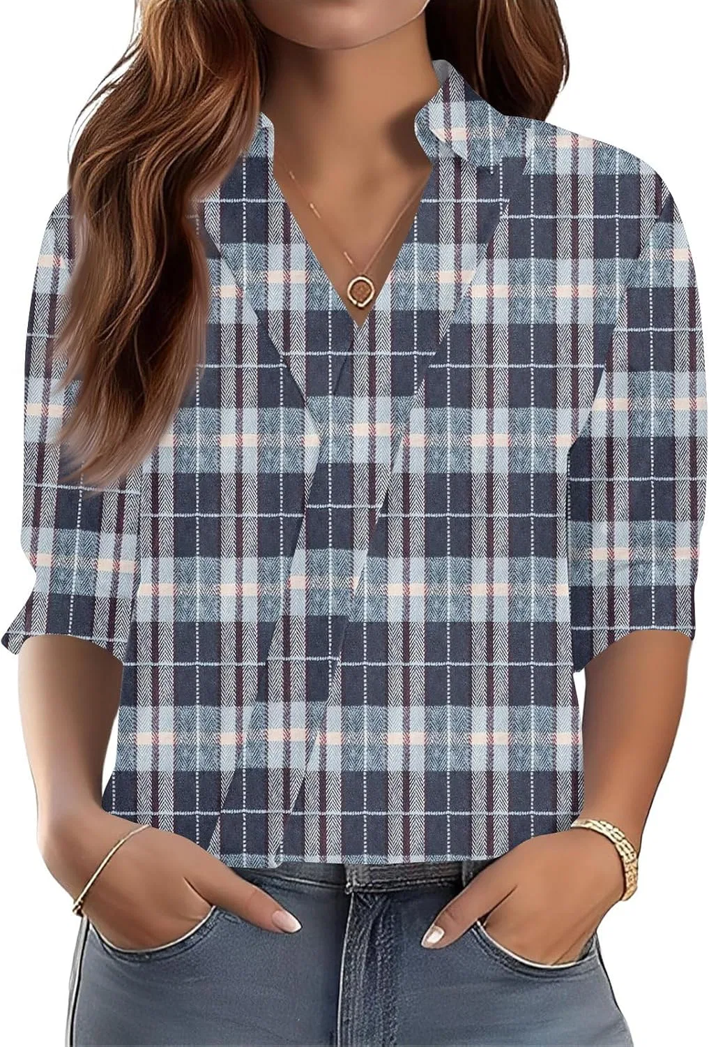 Блуза с V-образным вырезом, 3/4 рукав, Casual, 2-dark Blue
