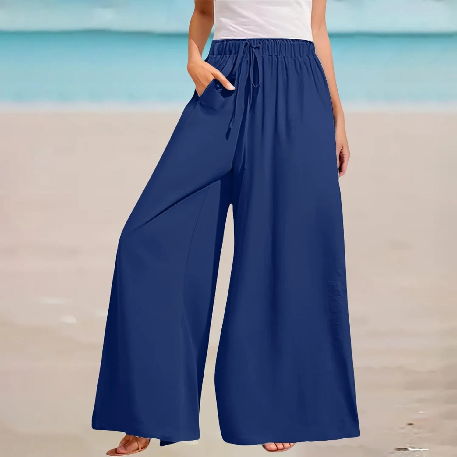 Женские брюки Plus Size с широкими штанинами, высокой талией, свободного кроя, повседневные палаццо, лето 2025, для отдыха, бохо, пляжные, с карманами Generic, синий — фото 4