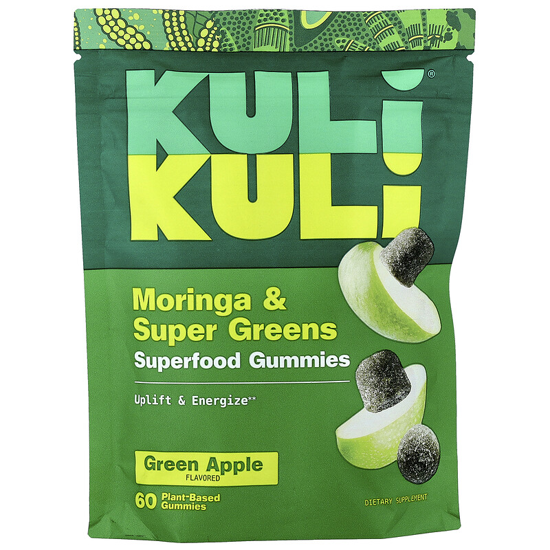 

Kuli Kuli, Жевательные мармеладки Superfood, моринга и зелень, зеленое яблоко, 60 жевательных таблеток на растительной основе