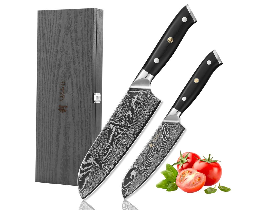 

Набор из 2 булатных ножей Wakoli Nitoko - профессиональные кухонные ножи Santoku - 67 слоев дамасской стали - рукоятка G10, хвостовик во всю длину - включая деревянную упаковку и защиту пальцев