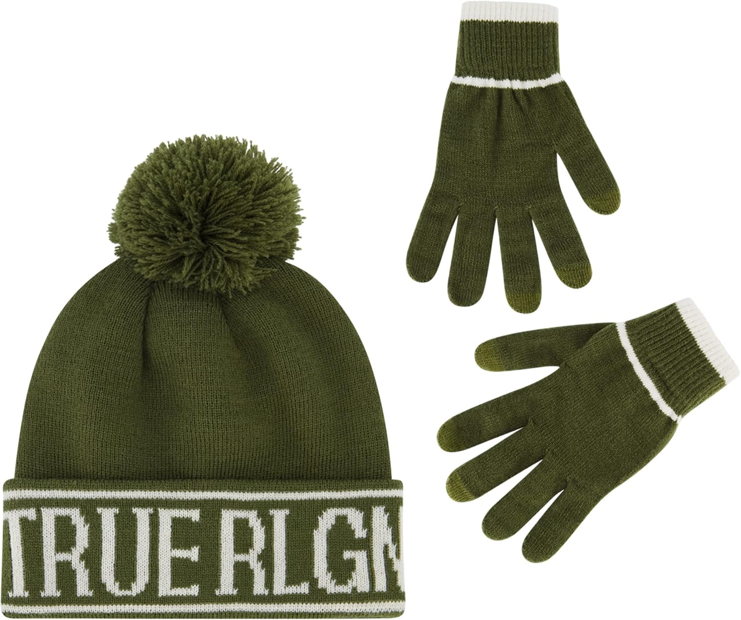 

Комплект шапки-бини и перчаток для сенсорного экрана True Religion, зимняя вязаная шапка с манжетами, помпоном и варежками для сенсорного экрана, Olive