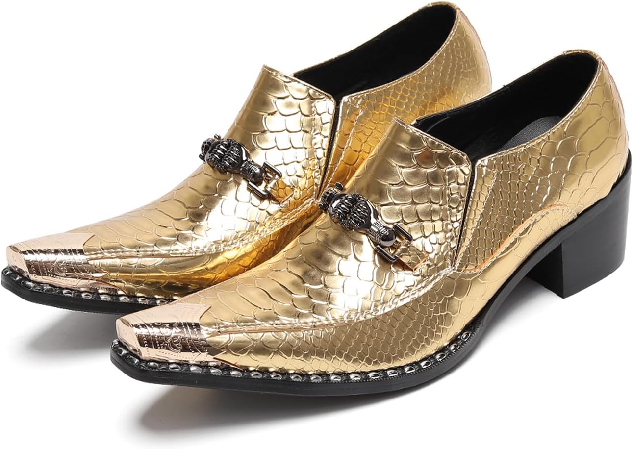 

Мужские слипоны Santimon из металлической крокодиловой кожи с металлическим носком и черепной цепочкой - повседневные, для торжеств, диско, клуба и свадьбы, золотой