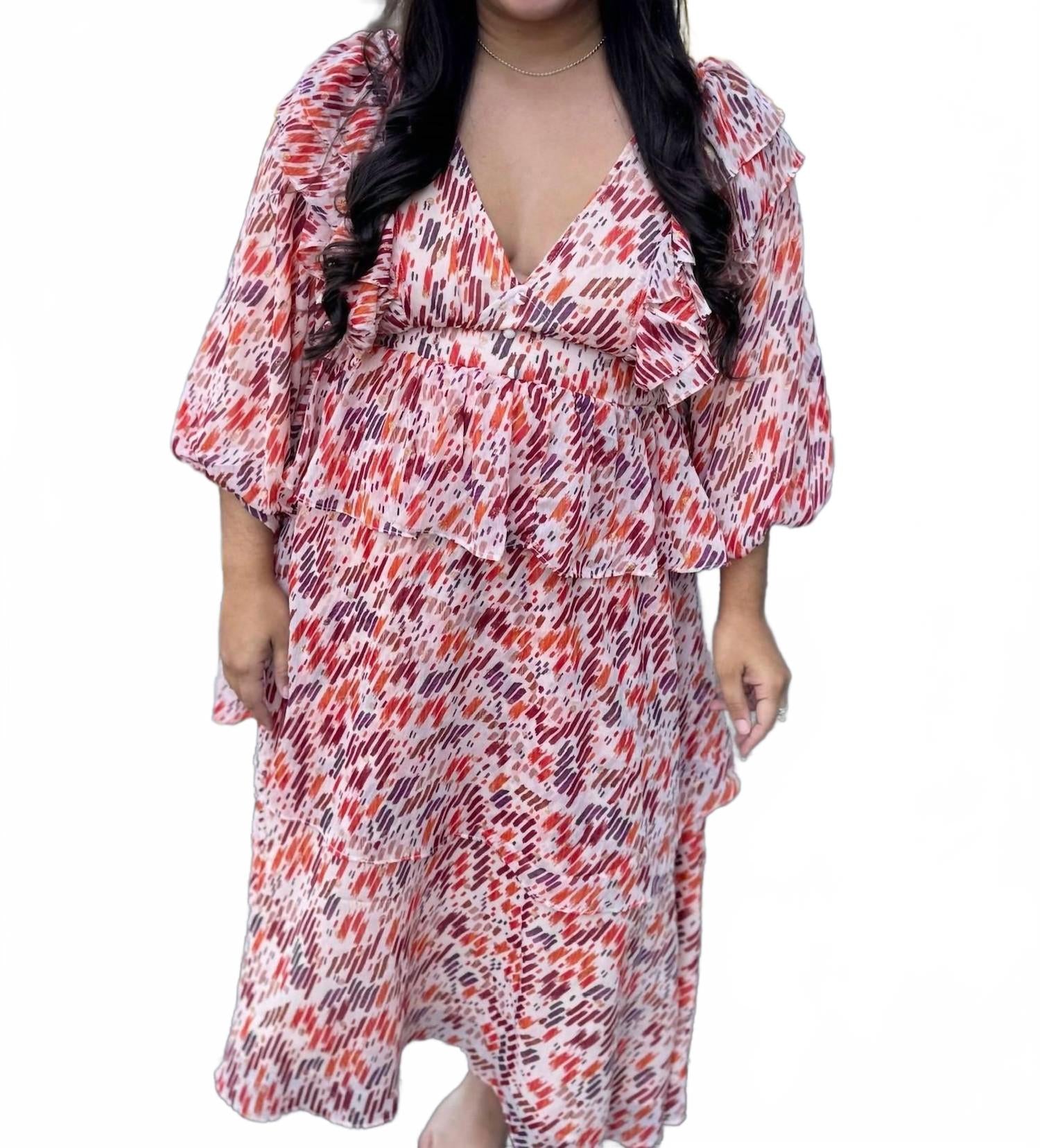 

Karlie Платье-миди Melody с абстрактным рисунком и оборками, красное