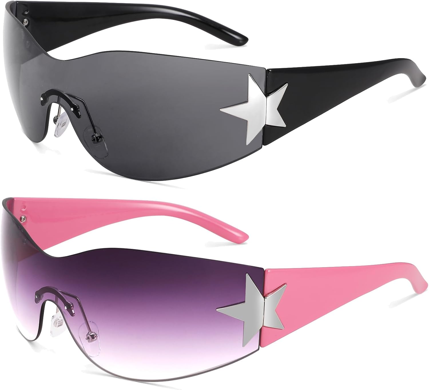 

Солнцезащитные очки COASION без оправы в стиле Y2K с обтекаемой формой и звездным рисунком, для женщин и мужчин, в стиле 2000-х, с козырьком-щитком, большие, модные, без оправы, C6* Black + Gradient Purple - 2 Pack