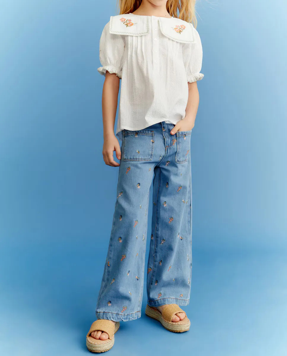 

Широкие джинсы для девочек с цветочной вышивкой Kids El Corte Inglés, синий