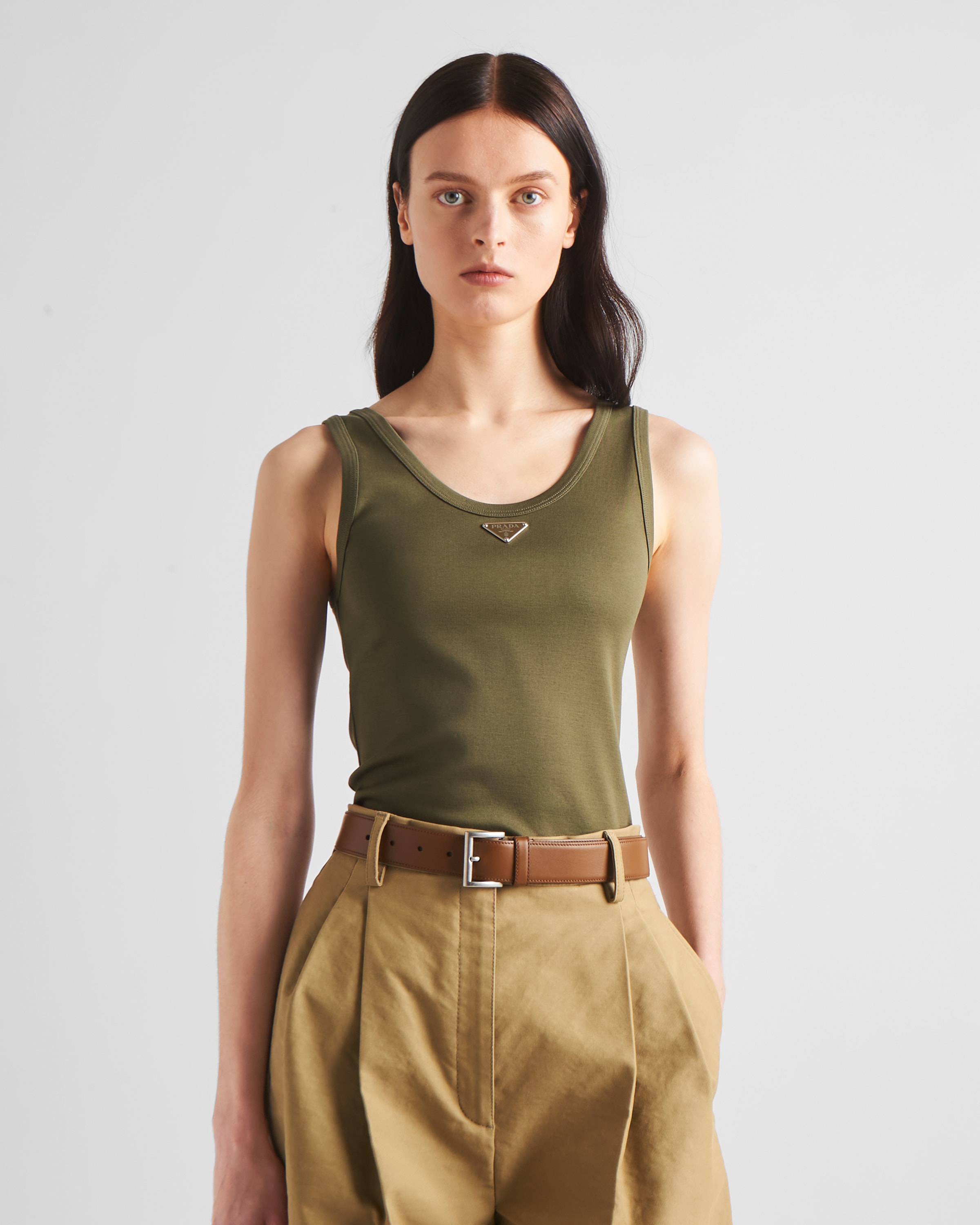 Топ из ребристого трикотажа Prada, камуфляжный зеленый — фото 4