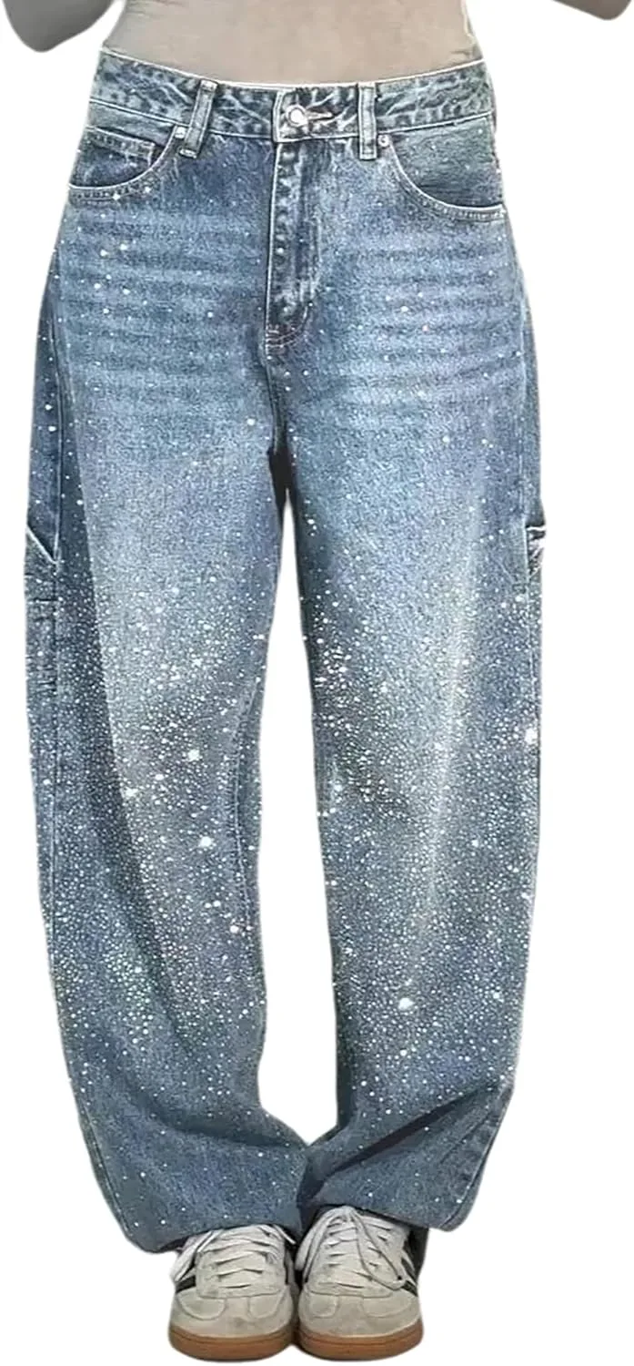 

Женские джинсы с камнями, широкие, потертые QLAUYIOE