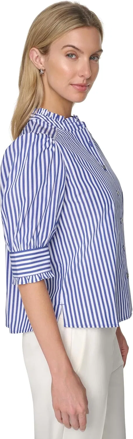 Блуза, короткий рукав, фрил-нек, Tommy Hilfiger, сине-голубой/белый — фото 3