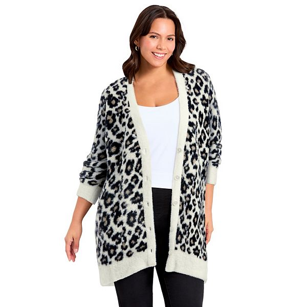 

Женский кардиган на пуговицах плюс сайз Avenue, Ivory Snow Leopard