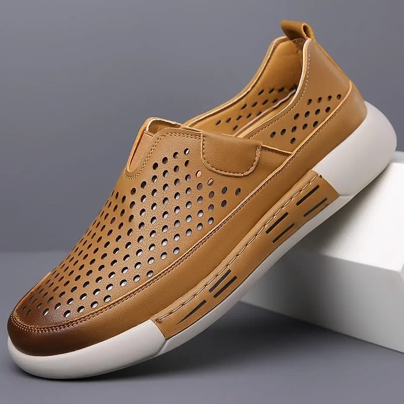 Лоферы мужские кожаные, Hands Free, 1-Second Slip On, Arch Support, Orthopedic, Comfortable Walking Shoes, желтый UOPYNE — фото 4