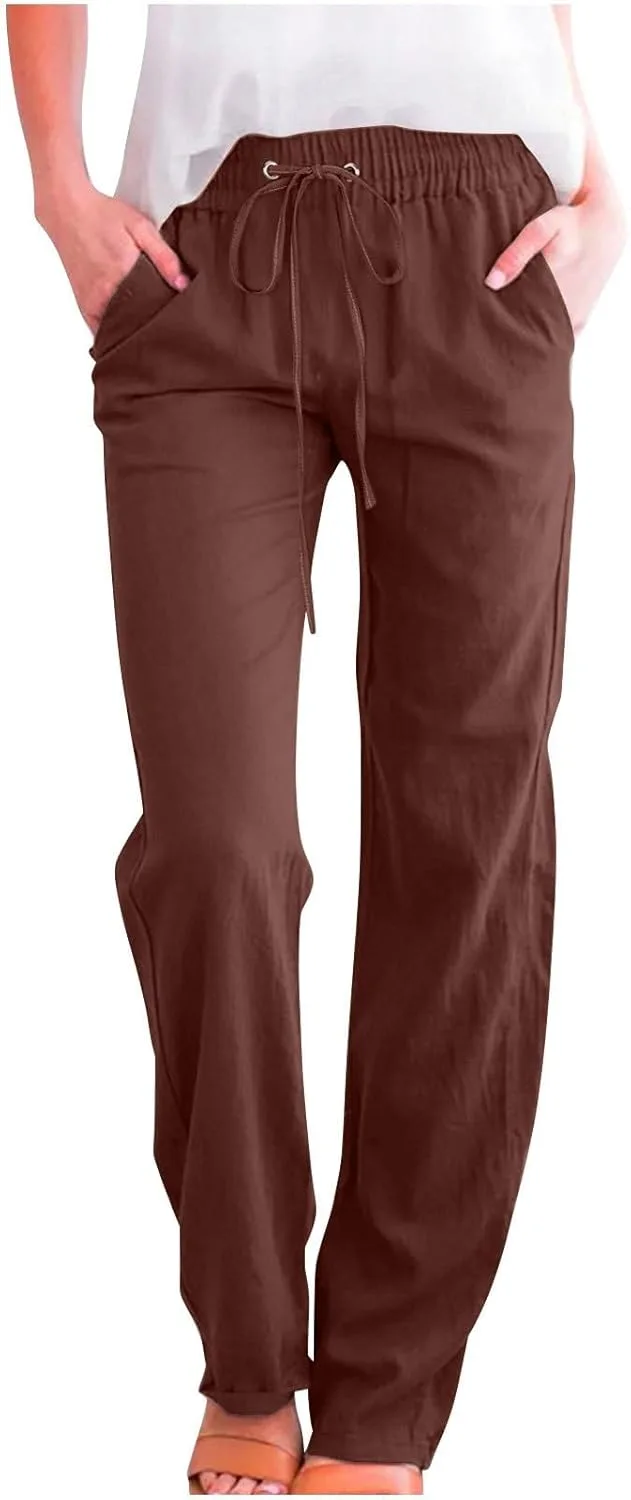 Женские летние льняные брюки, повседневные, с завязками, прямого кроя, с высокой талией, домашние брюки с карманами, уютная одежда для отдыха Generic, коричневый