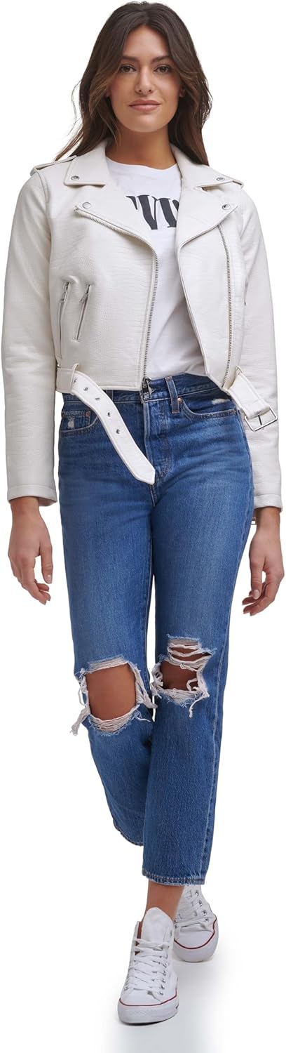Женская куртка-косуха Levi's из искусственной кожи с поясом, белый — фото 2