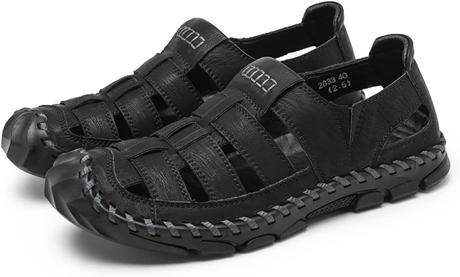 

Мужские сандалии Crepuscute из кожи ручной работы, сшитые, с регулировкой, закрытый носок, дышащие, нескользящие, с вырезами, повседневные модные сандалии для улицы и пляжа, для ходьбы и вождения, черный