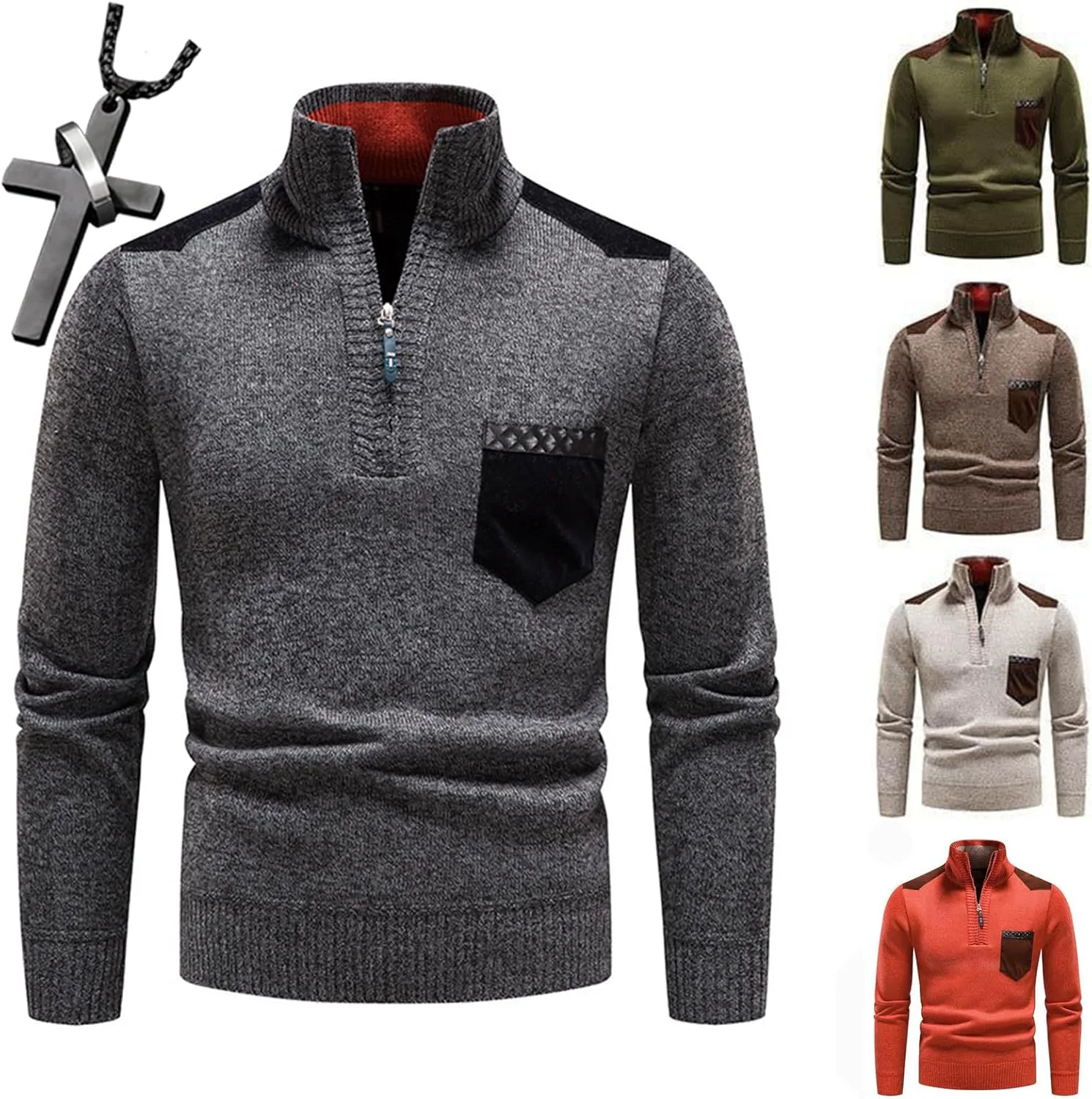 

Мужской свитер с четвертью молнии Slim Fit легкий хлопковый вязаный с высоким воротом HECLOK