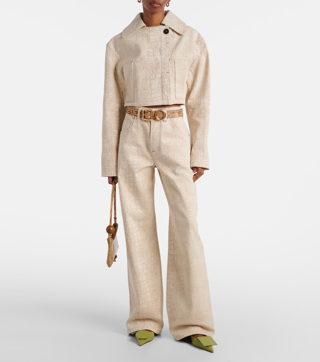 Джинсы с эффектом крокодила и широкими штанинами Jacquemus, Croco Beige — фото 2