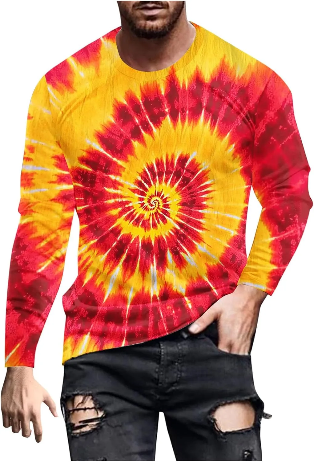 

Мужская футболка с принтом тай-дай в стиле ретро хиппи, длинный рукав, круглый вырез