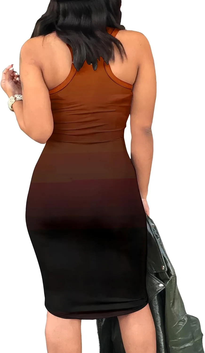 Летнее платье для женщин 2026 Sexy V-Neck Sleeveless Midi Dress Slim Fitted Bodycon Party Club Tank Generic, коричневый — фото 2