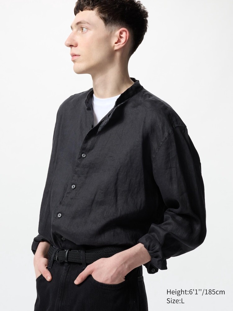 

Рубашка из 100% льна, воротник-стойка Uniqlo, цвет 09 черный