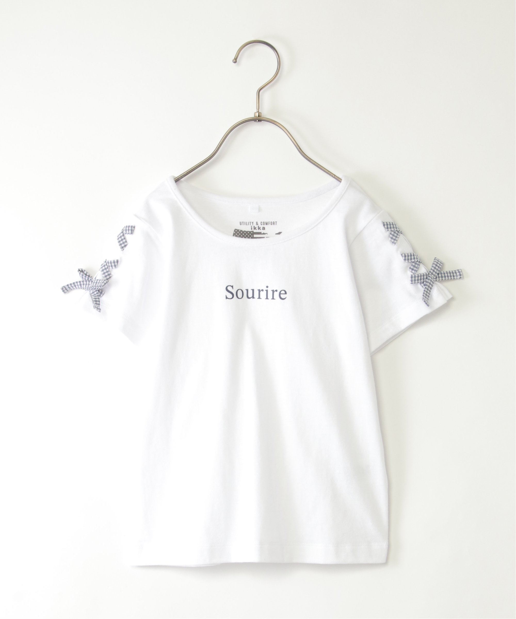 Футболка в клетку с рукавами на шнуровке (120–160 см) Ikka, off white