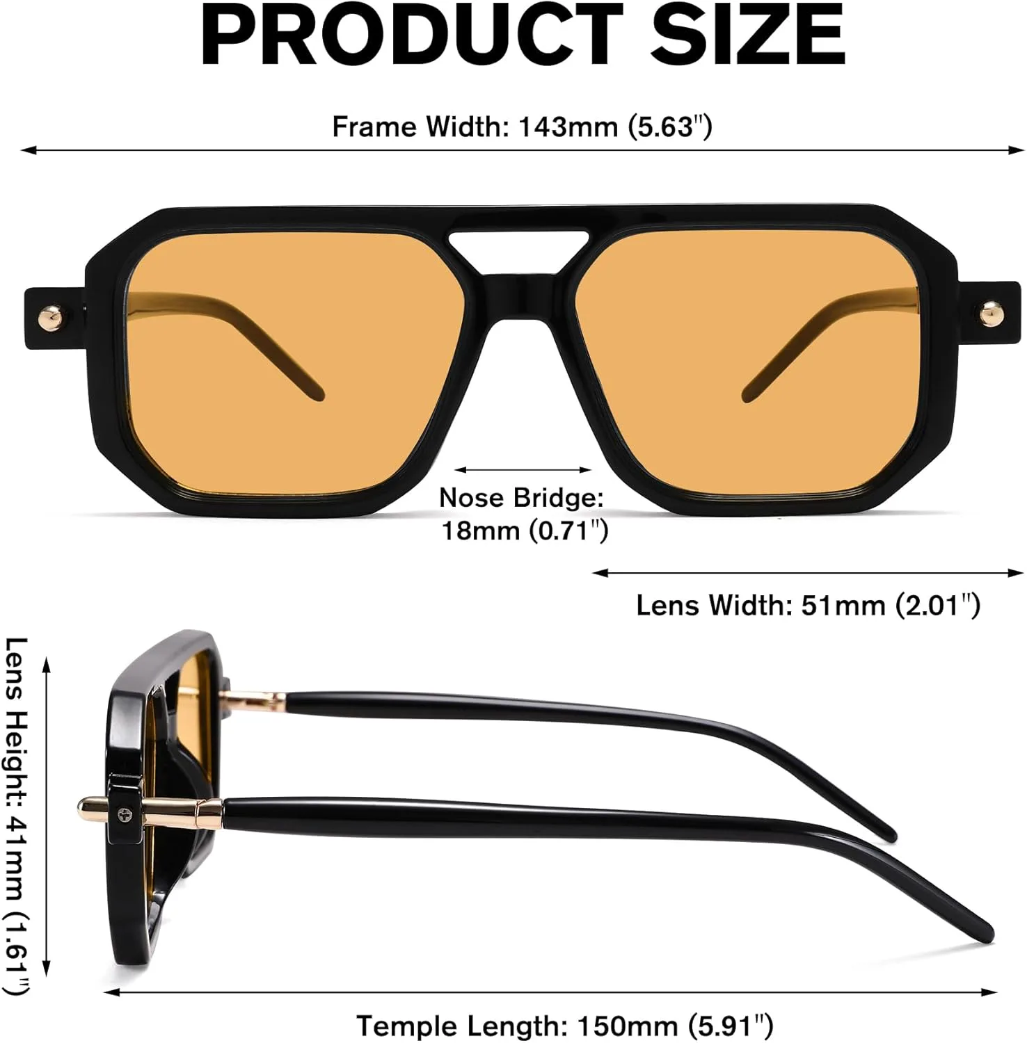 

Солнцезащитные очки Hycredi в винтажном стиле 70-х годов, плоские, авиаторские, модные, квадратные, ретро, ​​стильные, с защитой от УФ-излучения UV400, Black/Yellow
